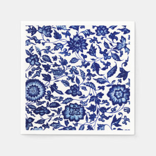 Chinese Dark navy blue floral pattern on white Napkins
