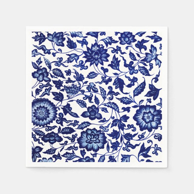 Chinese Dark navy blue floral pattern on white Napkins (Front)