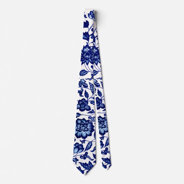 Chinese Dark navy blue floral pattern on white Neck Tie (Front)