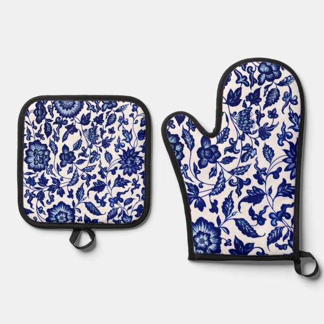 Chinese Dark navy blue floral pattern on white Oven Mitt & Pot Holder Set (Front)