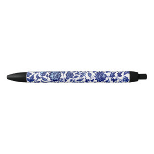Chinese Dark navy blue floral pattern on white Pen