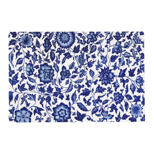 Chinese Dark navy blue floral pattern on white Placemat (Front)