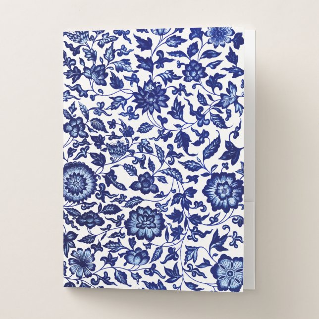 Chinese Dark navy blue floral pattern on white Pocket Folder (Front)