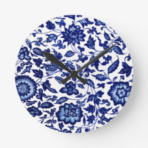 Chinese Dark navy blue floral pattern on white Round Clock