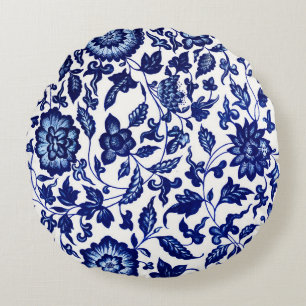Chinese Dark navy blue floral pattern on white Round Pillow