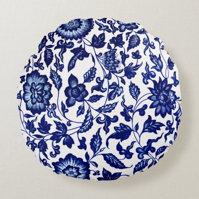 Chinese Dark navy blue floral pattern on white Round Pillow (Front)