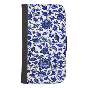 Chinese Dark navy blue floral pattern on white Galaxy S4 Wallet Case