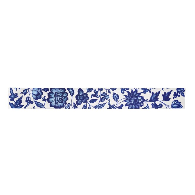 Chinese Dark navy blue floral pattern on white Satin Ribbon (Front)