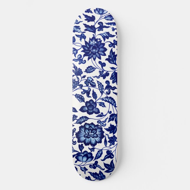 Chinese Dark navy blue floral pattern on white Skateboard (Front)