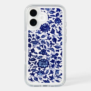 Chinese Dark navy blue floral pattern on white iPhone 16 Case