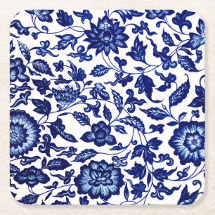 Chinese Dark navy blue floral pattern on white Square Paper Coaster