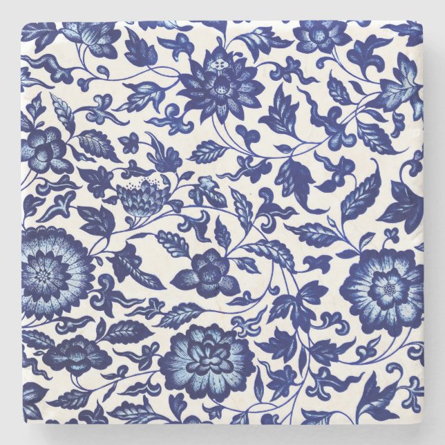 Chinese Dark navy blue floral pattern on white Stone Coaster (Front)
