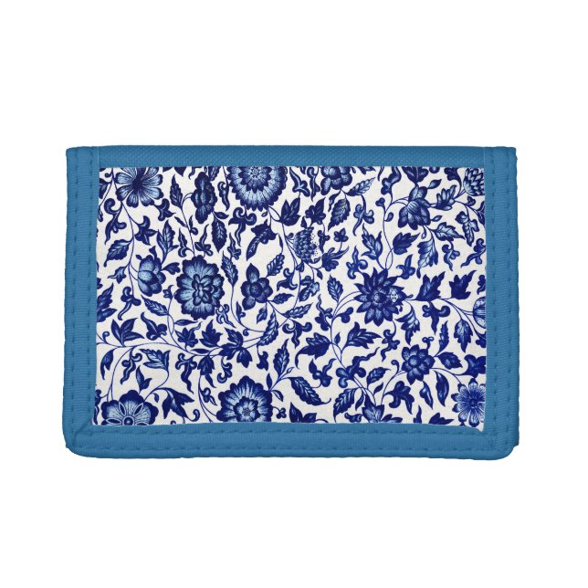 Chinese Dark navy blue floral pattern on white Trifold Wallet (Front)