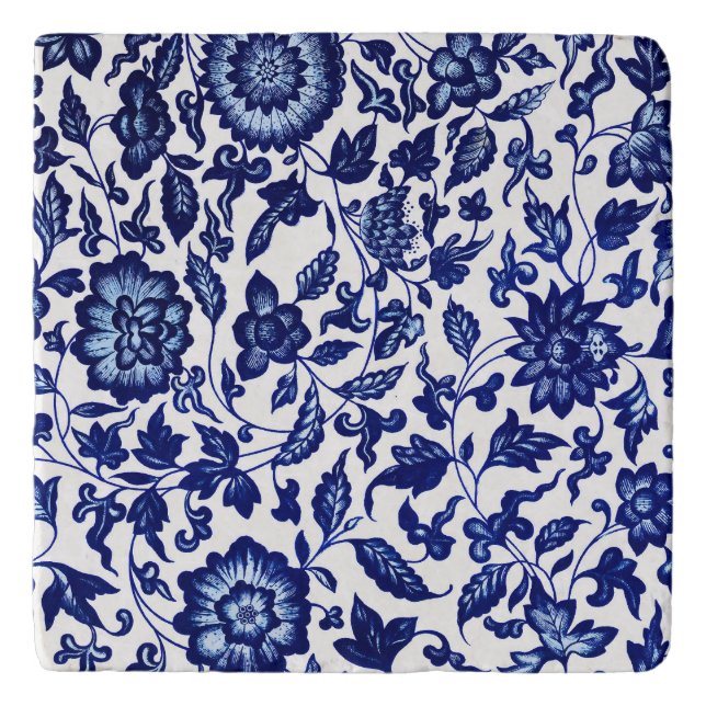 Chinese Dark navy blue floral pattern on white Trivet (Front)