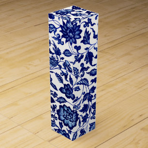 Chinese Dark navy blue floral pattern on white Wine Box