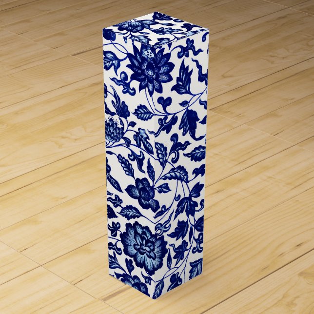 Chinese Dark navy blue floral pattern on white Wine Box (Front)