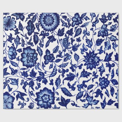 Chinese Dark navy blue floral pattern on white Wrapping Paper