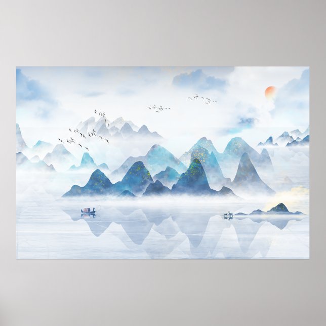 Chinese Distant Mountain River Ink Painting Poster (Front)