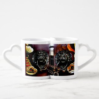 Chinese Door Lion Held Together Chain Lock Coffee Mug Set