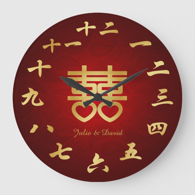 Chinese Double Hapiness Symbol - Add Couples Name Large Clock (Front)