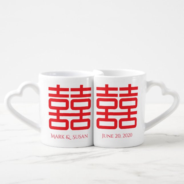 Chinese "Double Happiness" Couple Mugs (Front Nesting)