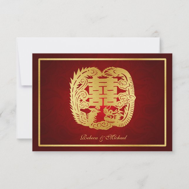 Chinese Double Happiness Dragon / Phoenix RSVP Card (Front)