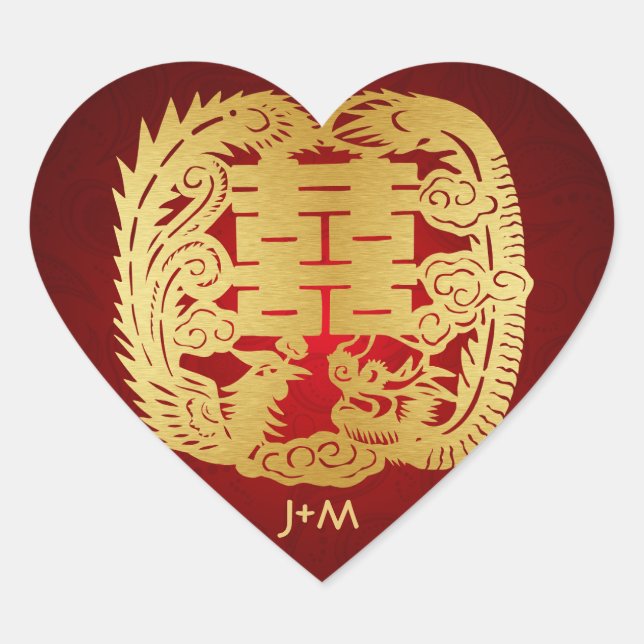 Chinese Double Happiness Dragon / Phoenix Wedding Heart Sticker (Front)