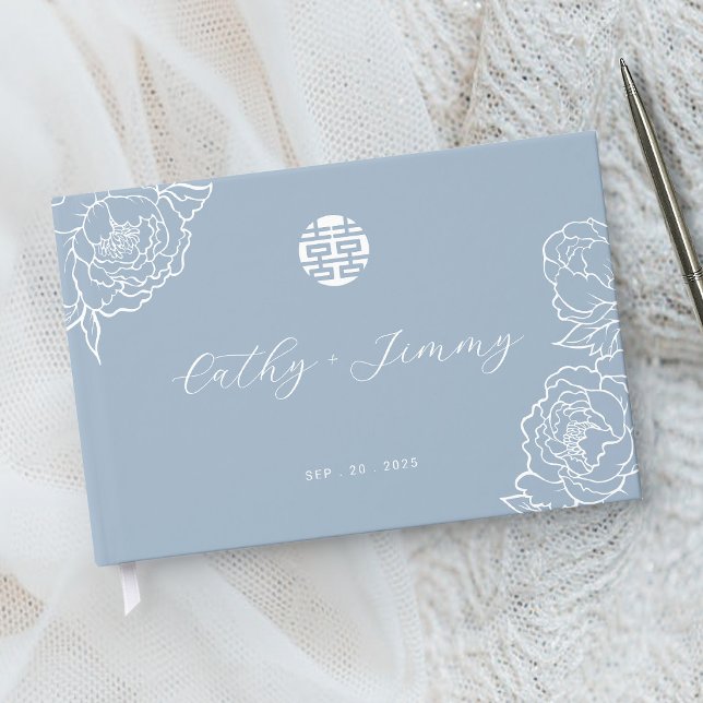 Chinese Double Happiness Wedding Dusty Blue Guest Book (Creator Uploaded)