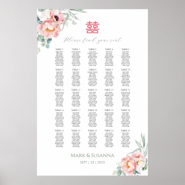 Chinese Double Happiness Wedding Guest List Sign (Front)