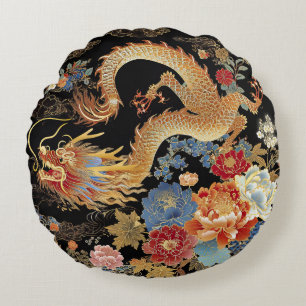 Chinese Dragon and Peonies Round Throw Pillow