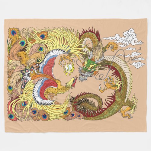 Chinese dragon and phoenix fleece blanket
