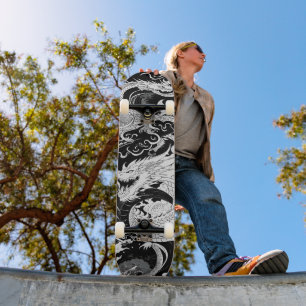 Chinese Dragon; Black And White Skateboard