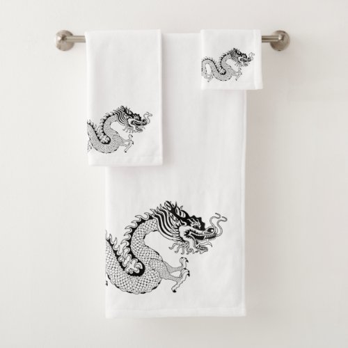 Chinese Dragon Black White Bath Towel Set