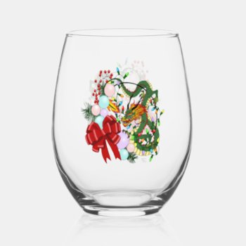 Chinese Dragon Christmas Wreath Stemless Wine Glass by tigressdragon at Zazzle