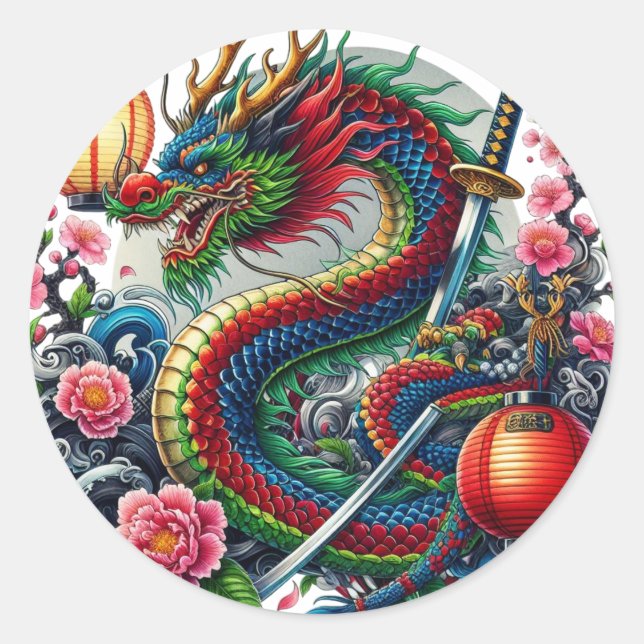 chinese dragon classic round sticker (Front)