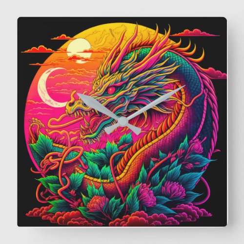 Chinese Dragon Colorful Neon Design Square Wall Clock