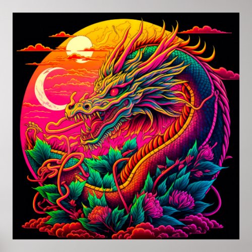 Chinese Dragon Colourful Neon Design Poster