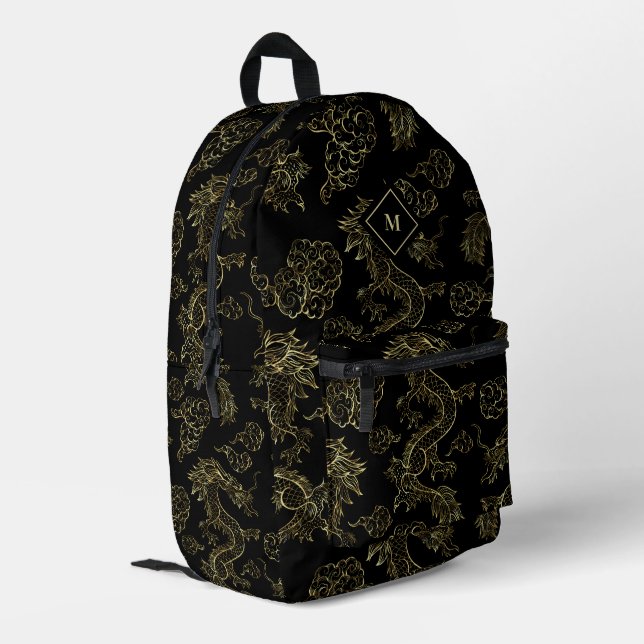 Chinese Dragon Gold and Black Printed Backpack (Back Corner Left)