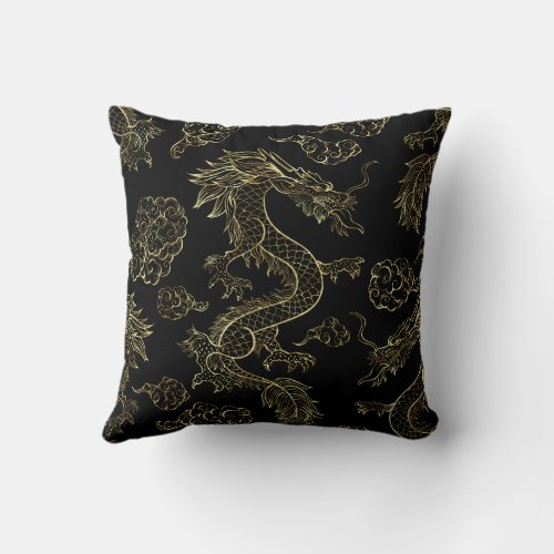 Chinese Dragon Gold and Black Throw Pillow