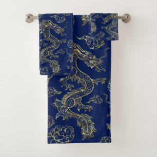 Chinese Dragon Gold and Dark Blue Bath Towel Set