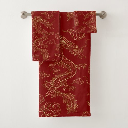 Chinese Dragon Gold and Dark Red Bath Towel Set