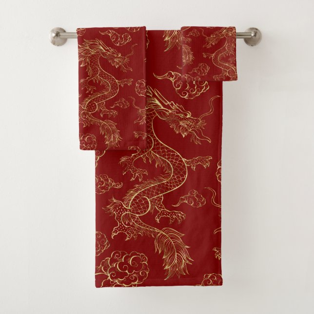 Chinese Dragon Gold and Dark Red Bath Towel Set (Insitu)