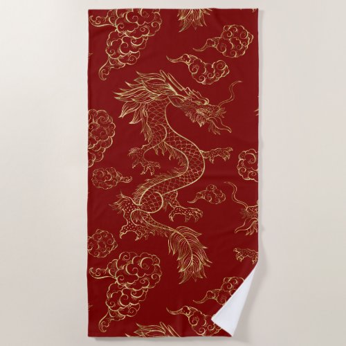 Chinese Dragon Gold and Dark Red Beach Towel