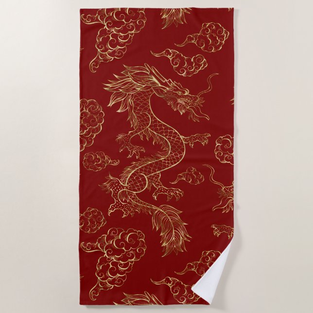 Chinese Dragon Gold and Dark Red Beach Towel (Front)