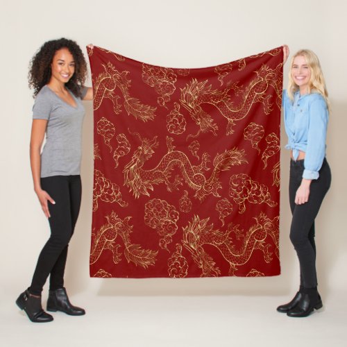 Chinese Dragon Gold and Dark Red Fleece Blanket