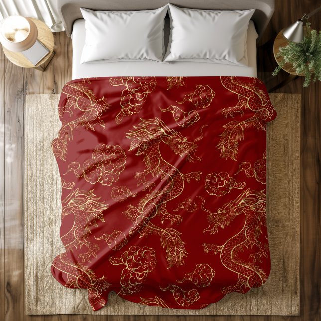 Chinese Dragon Gold and Dark Red Fleece Blanket (Creator Uploaded)