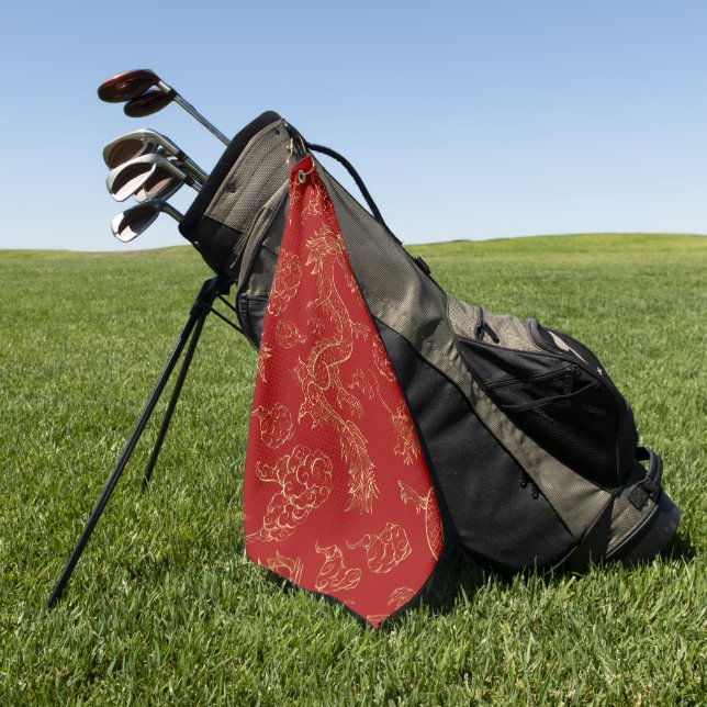 Chinese Dragon Gold and Dark Red Golf Towel (Green)