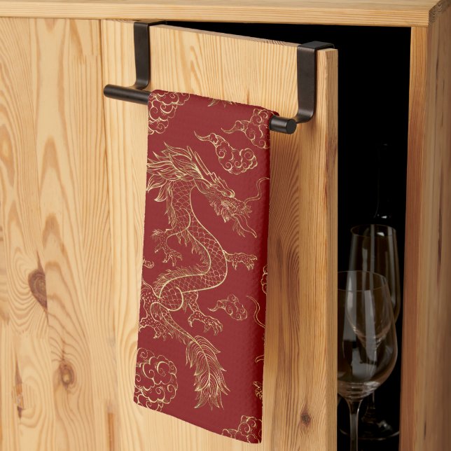 Chinese Dragon Gold and Dark Red Kitchen Towel (Thirds Fold)
