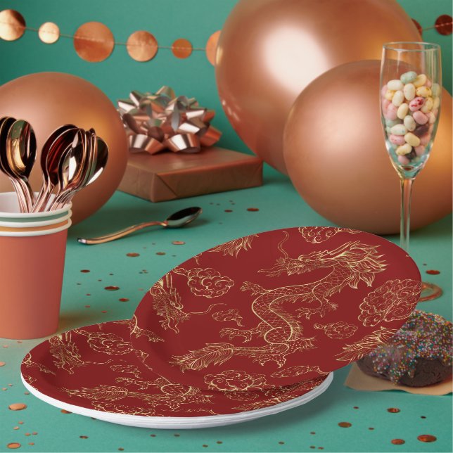 Chinese Dragon Gold and Dark Red Paper Plates (Multi)