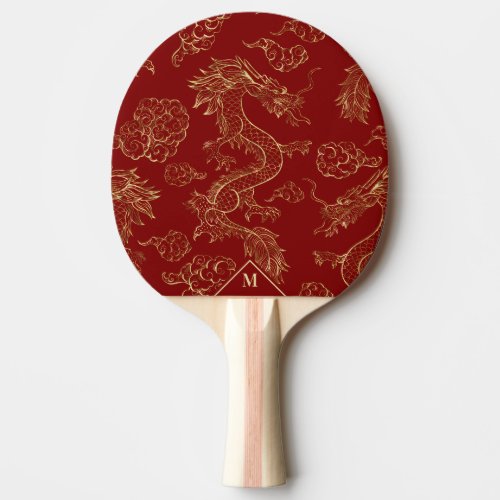 Chinese Dragon Gold and Dark Red Ping Pong Paddle